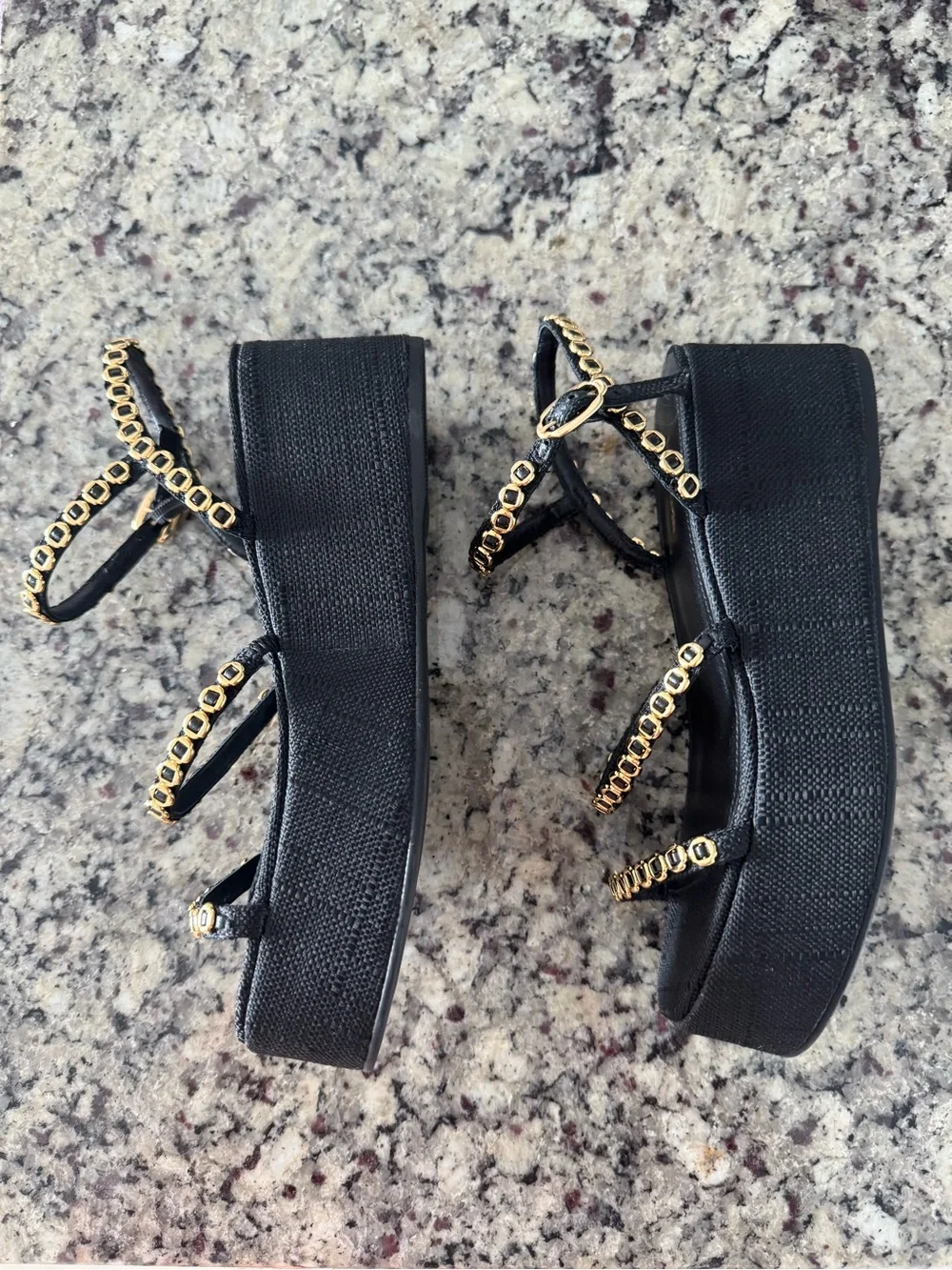 Larroude Platform Sandals with Gold Chain Trim